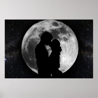 Póster Silhueta de amantes na lua de cheio à noite