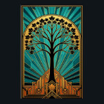 Poster Silhueta de Árvore de Bordo Art Déco Elegante Dour<br><div class="desc">Uma sofisticada mistura de natureza e arquitetura de arranha-céus da década de 1920. Esta impressionante ilustração apresenta uma ousada silhueta preta de uma árvore de bordo, suas folhas formando um dossel perfeito contra um radiante sol dourado. A árvore emerge de uma intrincada base Art Déco em tons quentes de laranja...</div>