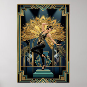 Poster Silhueta de Árvore de Bordo Art Déco Elegante Dour