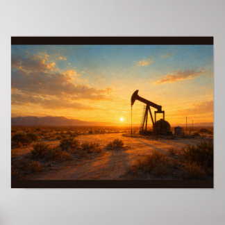 Poster Silhueta de bomba de óleo ao pôr do sol