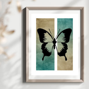 Poster Silhueta de Borboleta Rico Bege Turquesa Fundo