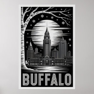 Poster Silhueta de Buffalo Nova York Preto e Branco Xilog