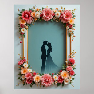 Poster Silhueta de Casal em Moldura Floral no Casamento