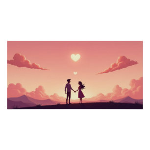 Póster Silhueta de Casal Sonhador ao Pôr do Sol