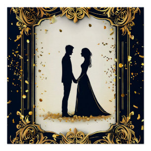 Póster Silhueta de Casamento Elegante com Frame de Ouro d