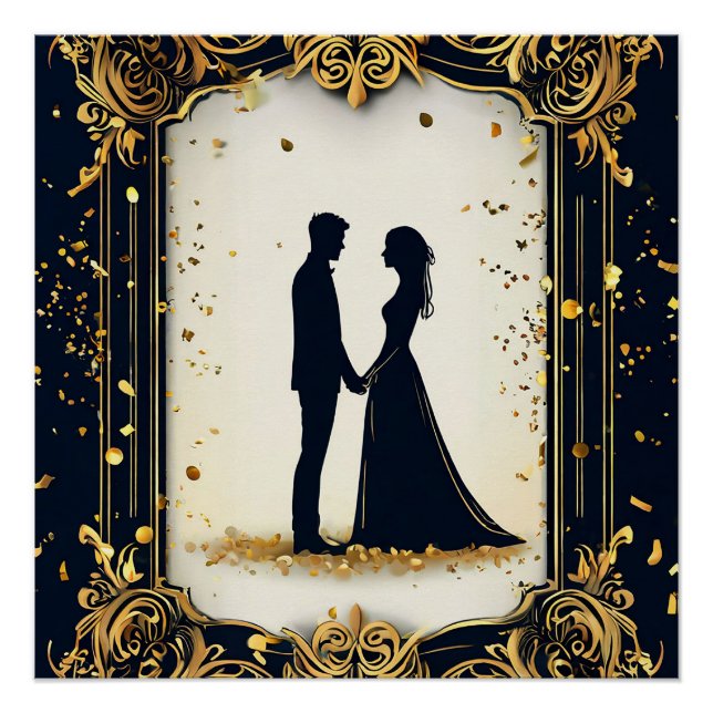 Póster Silhueta de Casamento Elegante com Moldura Dourada (Frente)
