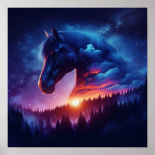 Poster Silhueta de Cavalo em Paisagem de Floresta Sunset