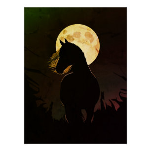 Póster Silhueta de Cavalo Majestoso sob a Lua Cheia