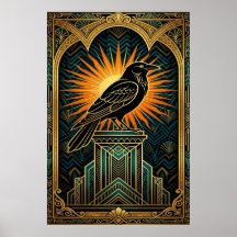 Silhueta de Corvo Art Déco Elegante em Ouro e Pret