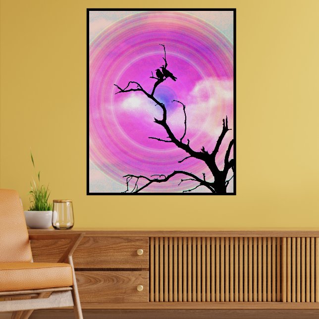 Poster Silhueta de dois corvos em preto e branco com sol  (Sala de Estar 2)