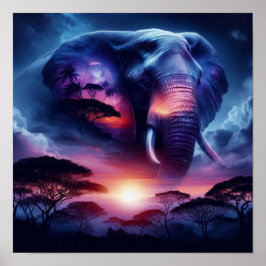 Poster Silhueta de Elefante ao Pôr do Sol