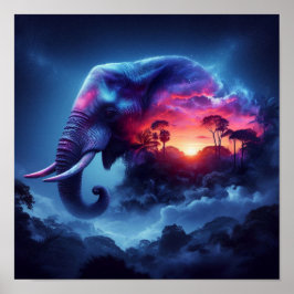Poster Silhueta de Elefante Fundida com Pôr do Sol Vibran