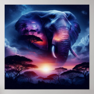 Poster Silhueta de elefante no Sunset