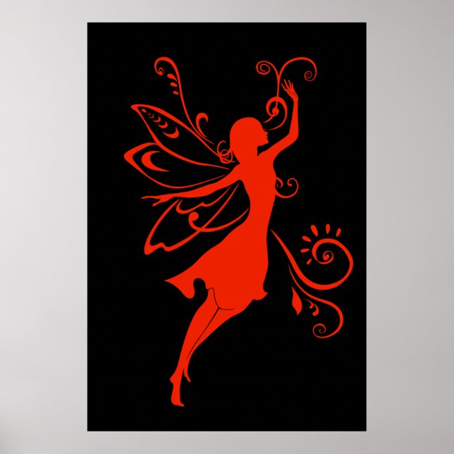 Poster Silhueta de Fada Vermelha Elegante Fantasia Alada (Frente)