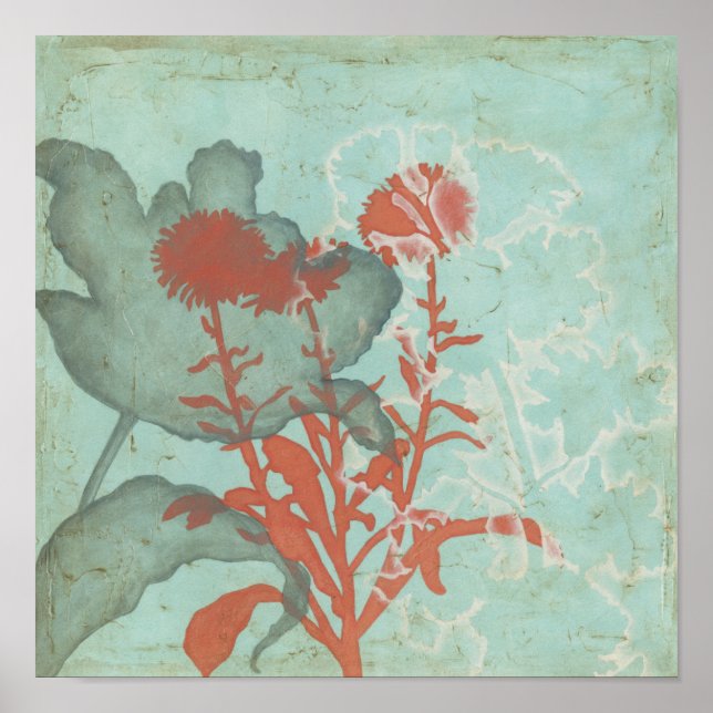 Poster Silhueta de Flores Vermelhas em Fundo Teal (Frente)