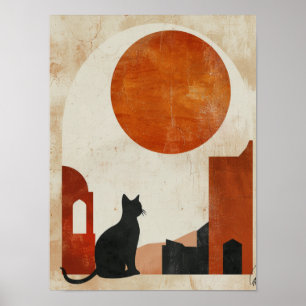 Poster Silhueta de Gato Boho Deco Sol Abstrato Minimali