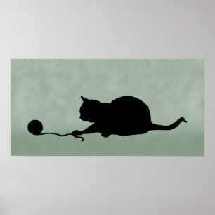 Poster Silhueta de Gato em Preto de Brincadeira em Verde 