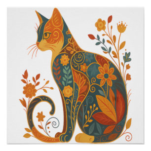Póster Silhueta de Gato Floral � Botânica Vintage Colorid