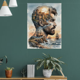 Poster Silhueta de Homem Aquarela Dupla Exposição Náutica