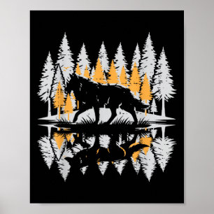 Poster Silhueta de Lobo Árvores de Pinheiro Vintage Lona
