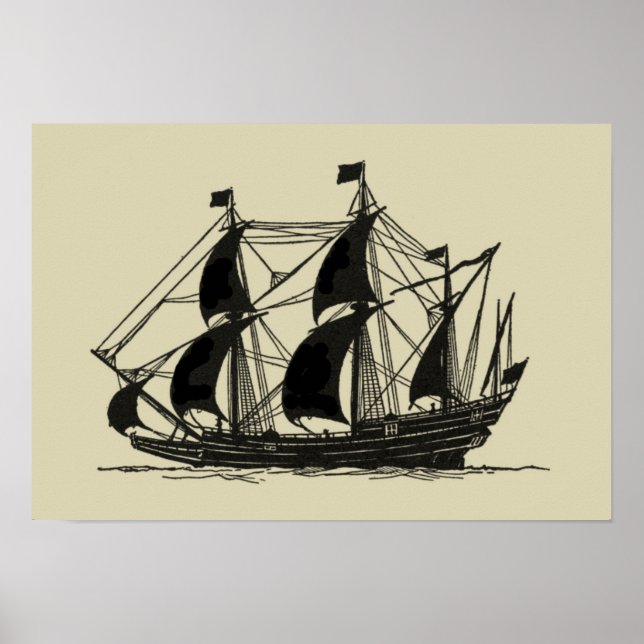 Poster Silhueta de navio com velas ondulantes (Frente)