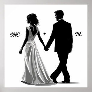 Poster Silhueta de Noiva e Noivo no Casamento