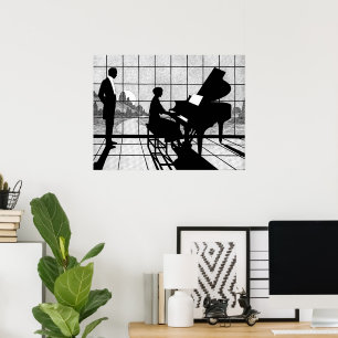 Poster Silhueta de Piano Estilo Art Déco Preto e Branco