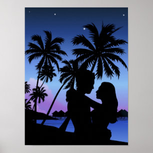 Poster Silhueta de um casal que abraça na praia