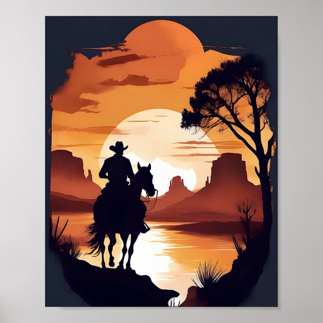 Poster Silhueta de um Cowboy em Horseback no Posto do Des (Frente)