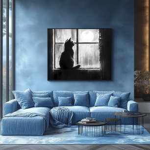 Poster Silhueta de um Gato pela Janela ao Luar
