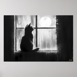 Poster Silhueta de um Gato pela Janela ao Luar