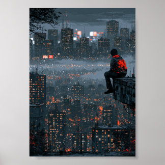 Poster Silhueta de uma Figura Solitária na Cidade Cyberpu