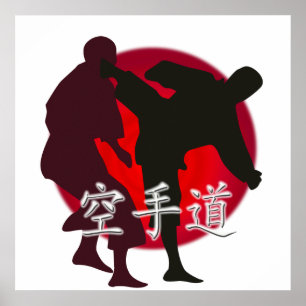 Póster Silhueta de uma luta do karaté. Fundo vermelho de