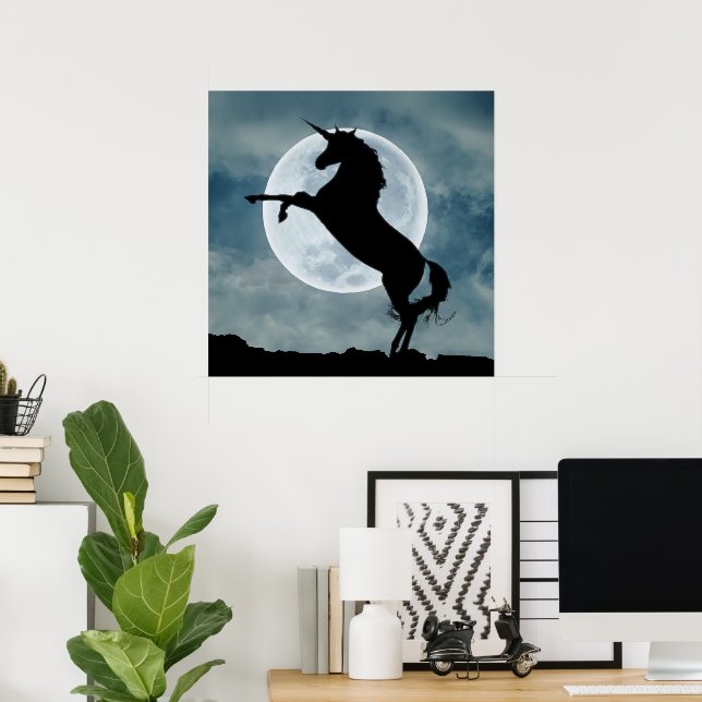 Poster Silhueta de Unicórnio Céu Noturno Lua Cheia (Escritório em casa)