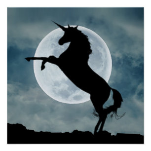 Póster Silhueta de Unicórnio Céu Noturno Lua Cheia Brilha
