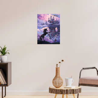 Poster Silhueta de Unicórnio e Castelo em Nuvens Cor-de-R