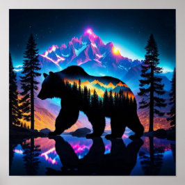 Poster Silhueta de Urso Mostrando Paisagem Natural