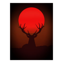 Póster Silhueta de Veado com Pôr do Sol Vermelho Fervoros