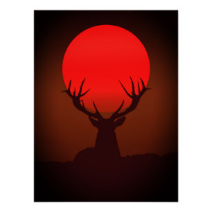 Póster Silhueta de Veado com Pôr do Sol Vermelho Fervoros
