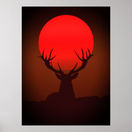 Poster Silhueta de Veado com Pôr do Sol Vermelho Fervoros