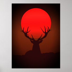 Poster Silhueta de Veado com Pôr do Sol Vermelho Fervoros