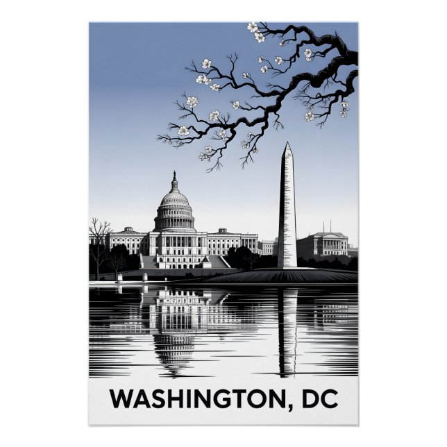 Póster Silhueta de Washington DC em Preto e Branco em Xil (Frente)