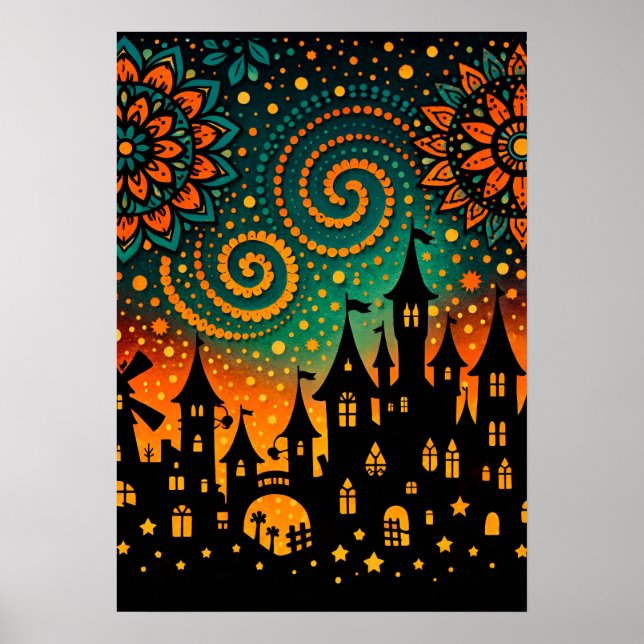 Poster Silhueta do Castelo na Noite Mística (Frente)