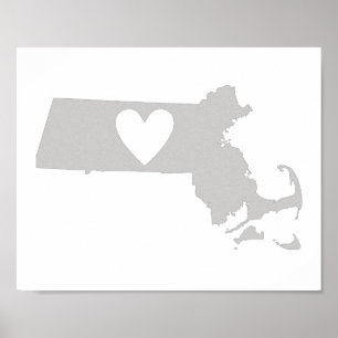 Póster Silhueta do estado de Massachusetts do coração