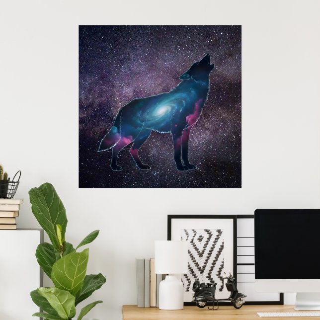 Poster Silhueta do Lobo Uivando Galáctico (Escritório em casa)