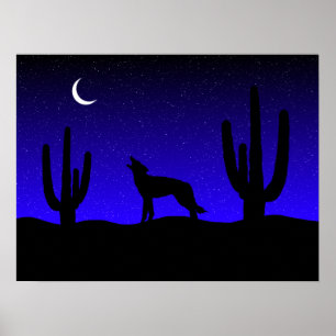 Poster Silhueta do Lobo Uivando no Deserto Noturno