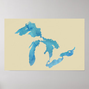 Póster Silhueta do mapa dos grandes lagos na aguarela