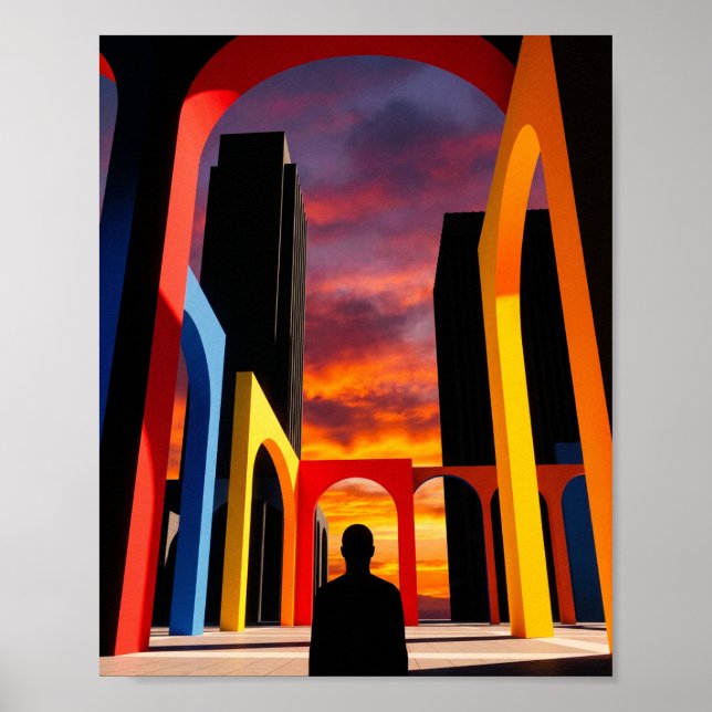 Poster "Silhueta do pôr do sol da cidade com Arco Geométr (Frente)