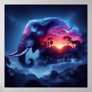 Poster Silhueta Elefante Intercalada com Sunset Vibrante