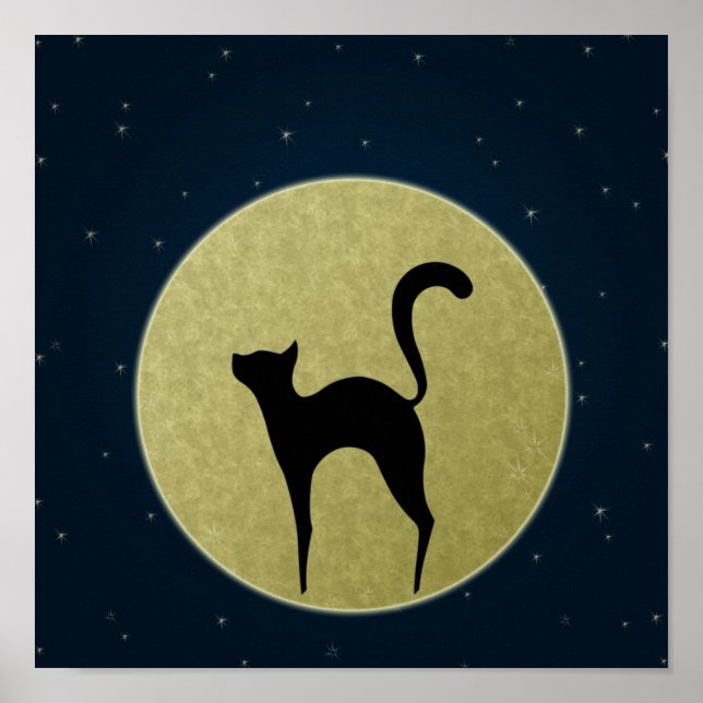 Poster Silhueta elegante de gato preto e lua (Frente)